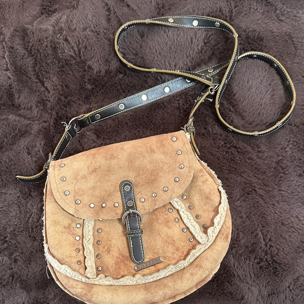 Guess Crossbody. Stylish Tan and Black Women's Bag.